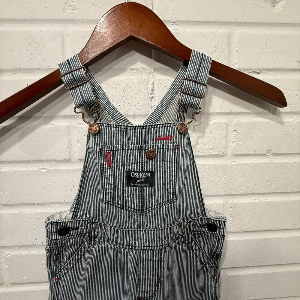OshKosh BGosh Hickory Stripe Denim Bib Overalls Blue Pink Girls‎ 24 Mos Railroad